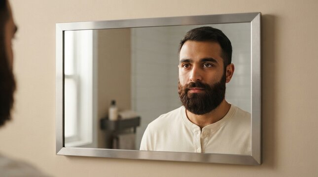 Man looking in mirror reflection