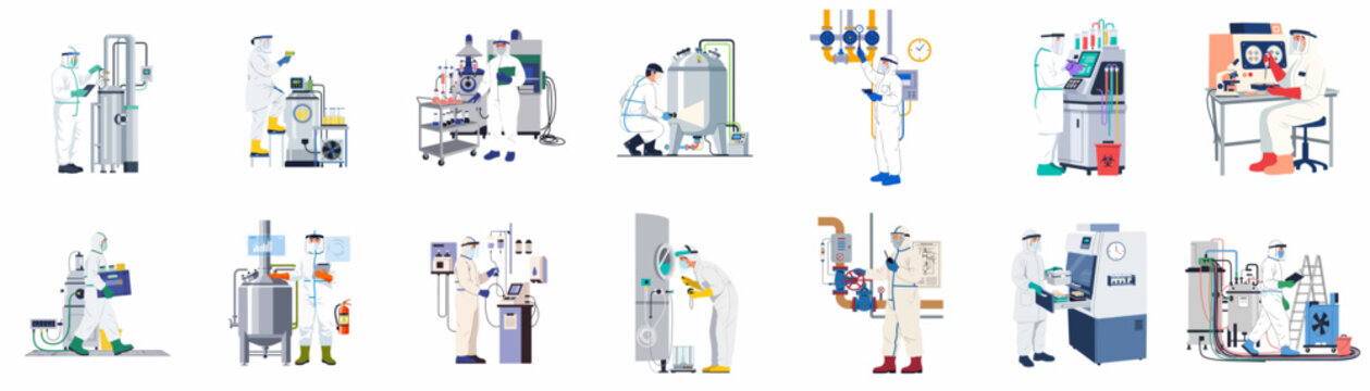Set of pharmaceutical industry workers in protective suits operating laboratory equipment and industrial machinery for drug production and research.