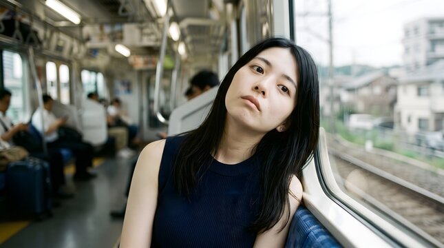 Young woman rests beside a train window with her head tilted and gaze drifting upward. Ideal for fatigue, overthinking, commuting stress, and reflective lifestyle content.