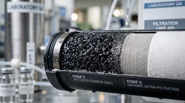 Cross section of a multi stage industrial air and water filtration cartridge for respiratory wellness.