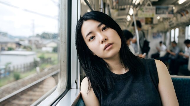 A young woman leans beside a train window with a quiet, distant expression. Suitable for introspection, commuter fatigue, loneliness, and urban lifestyle themes.