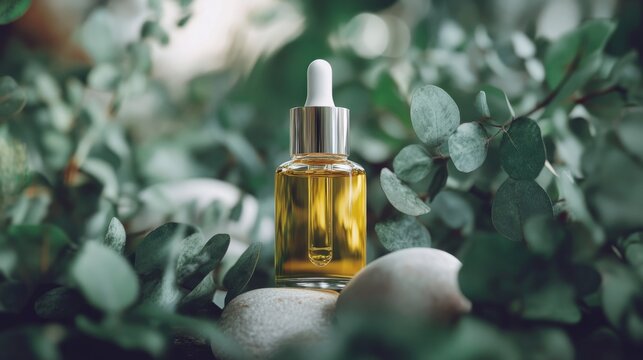 Glass bottle of facial oil surrounded by eucalyptus leaves and smooth stones; luxury spa aesthetic. generative ai