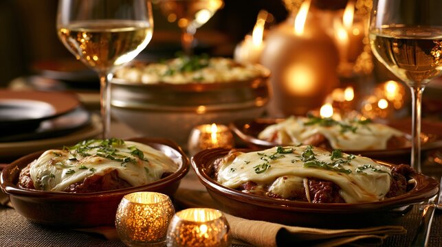 A candlelit Italian dinner scene with warm reflections dancing across melted mozzarella and ceramic serving dishes