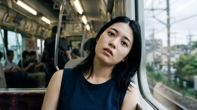 Young woman sits by a train window with her head tilted and a subdued gaze. Useful for commuting fatigue, burnout, introspection, and everyday urban lifestyle content.