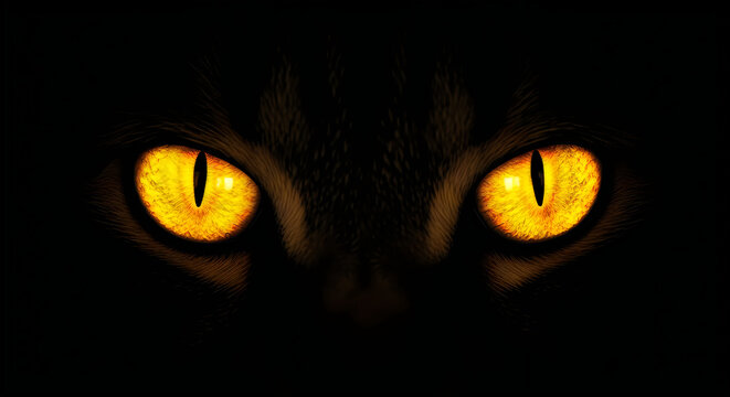 Glowing yellow cat eyes peering from deep darkness celebrate a spooky happy halloween october 31 holiday themed background image