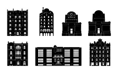 Fototapeta premium Architectural Building Silhouettes Collection, Vintage Facade Vector Icons, Historic City Structures Set, Black and White Urban Architecture Graphics