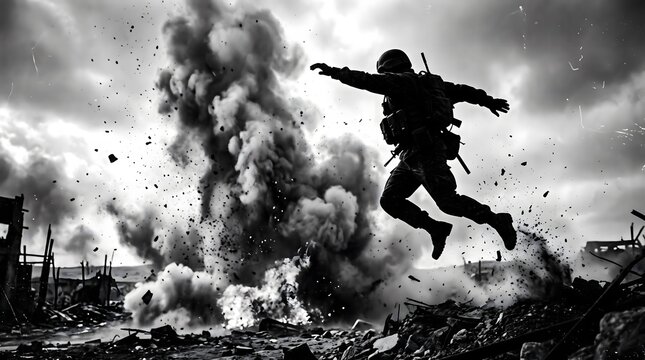 A soldier leaps across battlefield debris as a large explosion erupts behind him. Suitable for war, conflict, military history, survival, and dramatic editorial themes.
