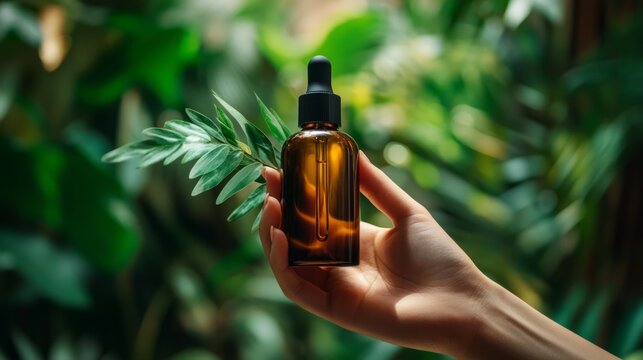 hands holding an amber glass jar for skincare products next to botanical leaves; luxury organic cosmetics, generative ai