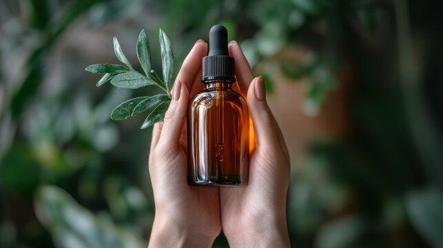 hands holding an amber glass jar for skincare products next to botanical leaves; luxury organic cosmetics, generative ai