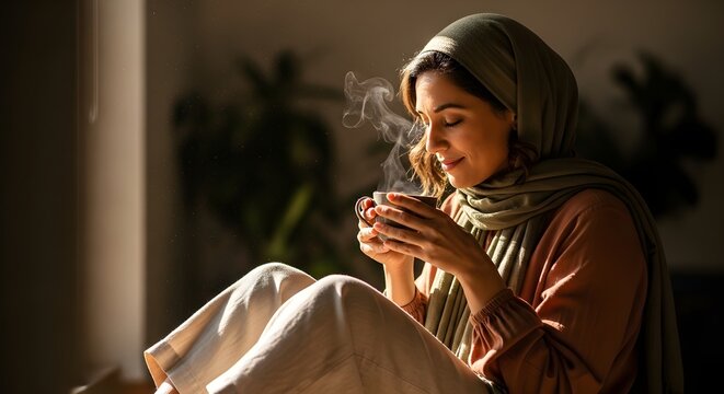 Woman enjoys a hot beverage. Steam rises gently from her cup.