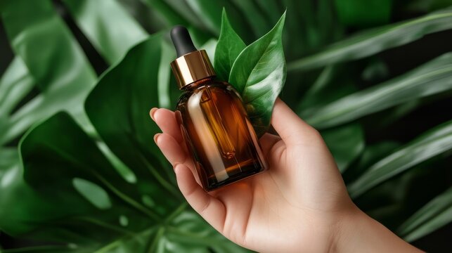 hands holding an amber glass jar for skincare products next to botanical leaves; luxury organic cosmetics, generative ai