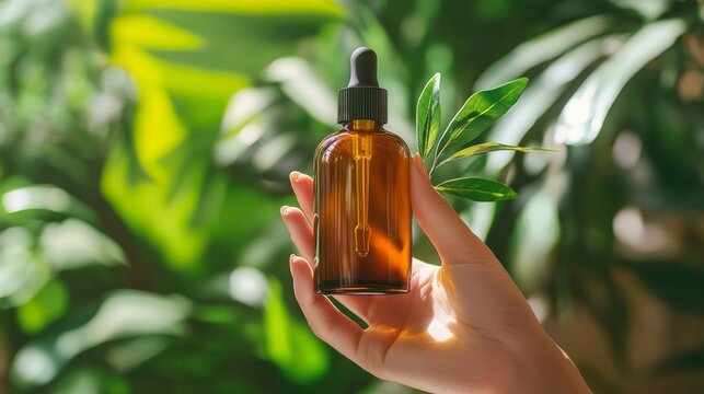 hands holding an amber glass jar for skincare products next to botanical leaves; luxury organic cosmetics, generative ai