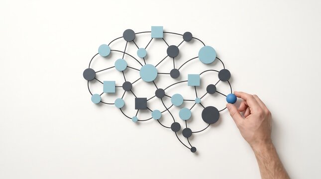 Human hand assembling a brain shape made of geometric circles and squares connected by dark wire lines on a plain white background representing artificial intelligence and modern creative cognitive sc