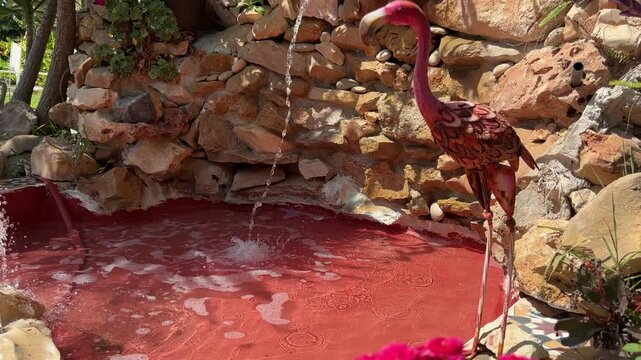 Fuente con plantas y adornos en jard&iacute;n mediterr&aacute;neo