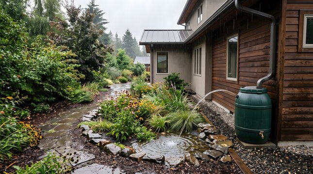 Rain barrel beside a stone-lined rain garden capturing runoff after rainfall. Useful for stormwater management, sustainable landscaping, and water conservation content.