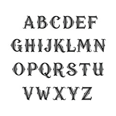 Elegant and ornate English alphabet letters A to Z displayed in a decorative font style. © Shukhi's world 