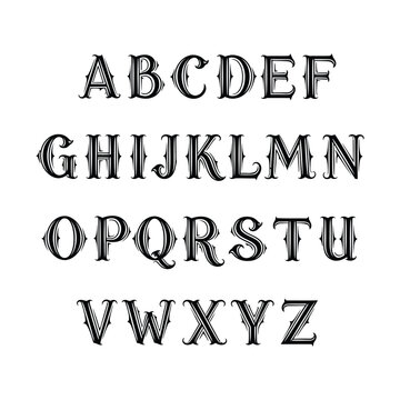 Elegant and ornate English alphabet letters A to Z displayed in a decorative font style.