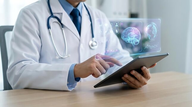 Doctor using tablet with holographic medical interface