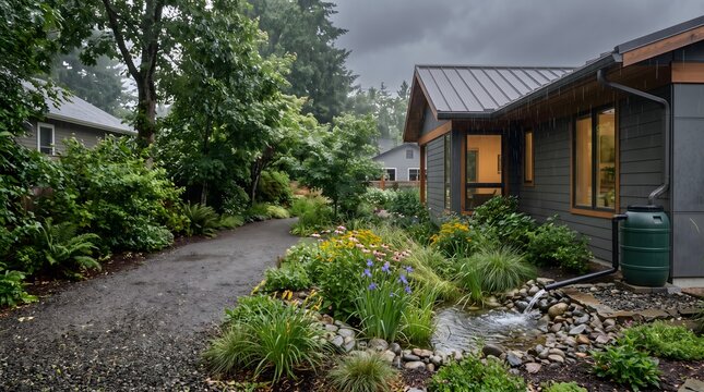 Wide view of a home rain barrel beside a planted rain garden and wet driveway, suited to residential drainage, green infrastructure, and water conservation content.