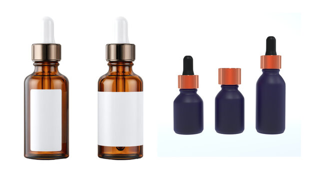 Set of Amber and Matte Blue Glass Dropper Bottles for Essential Oils and Cosmetic Serum Packaging Design Mockup Collection