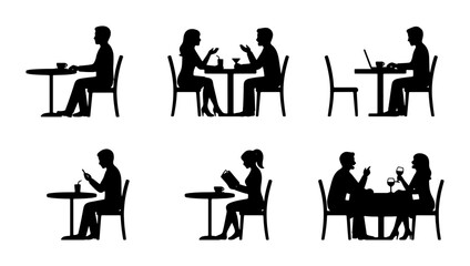 Fototapeta premium Silhouette Figures at Cafe Tables: Diverse Activities, Casual Dining, Socializing, Work, and Relaxation Vector Icons
