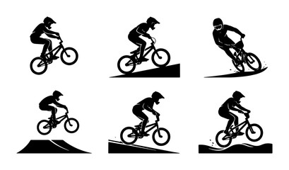 Fototapeta premium BMX Bicycle Rider Silhouettes, Extreme Sports Action Poses, Dynamic Cycling Vector Set, Freestyle Bike Tricks Collection