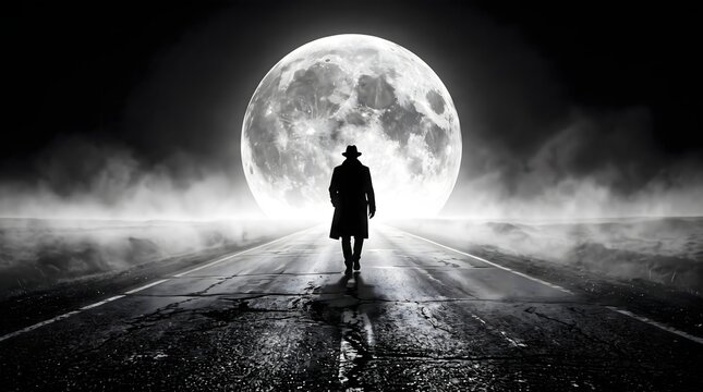 A solitary figure walks along a wet road toward an enormous full moon through low fog. Ideal for surreal fiction, loneliness, mystery, dreams, and cinematic storytelling.