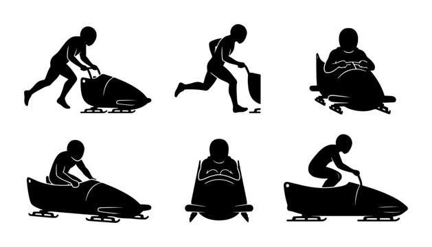 Bobsledding Action Silhouettes, Winter Sport Athletes Pushing and Riding Bobsleds, Olympic Ice Racing Graphics, Vector Set