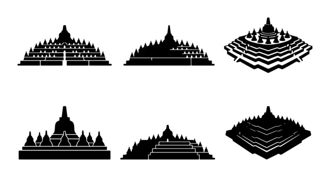 Borobudur Temple Silhouettes, Ancient Buddhist Monument Icons, UNESCO World Heritage Site Vector Collection, Travel Landmark Graphics