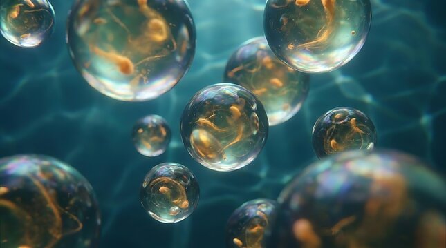 Golden liquid spheres floating in blue water