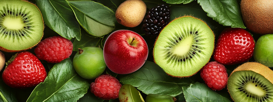 A vibrant and appetizing collection of fresh fruits, including strawberries, raspberries, kiwi, and apples, artfully arranged amon