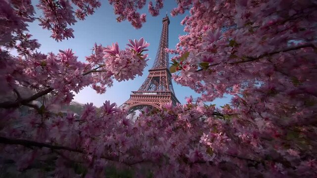 Paris, France, Europe. A vivid portrayal of the Eiffel Tower in Paris, France, bathed in the soft light of the rising sun. The Eiffelt Tower stands tall against a clear blue sky.