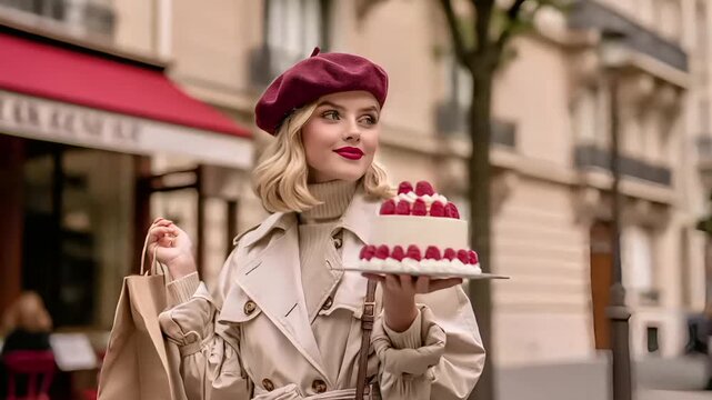 Paris, France, Europe. A vivid portrayal of a woman in a Parisian setting, standing in front of the Eiffel Tower. She wears a beige trench coat and a burgundy beret.