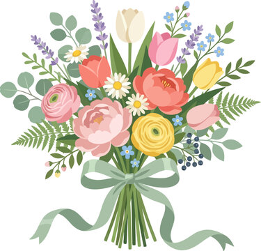 Bouquet featuring colorful spring flowers tied with a light green ribbon on a clean white background.