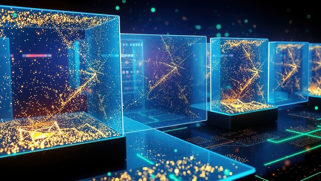 Digital cubes glow, connected by bright lines. Data streams within structures, futuristic network visualization. Dark background enhances luminescence.