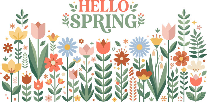 Spring flowers vector border featuring colorful botanical elements and text at the top.
