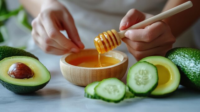 hands preparing natural skincare ingredients using avocado, cucumber, and honey; generative ai
