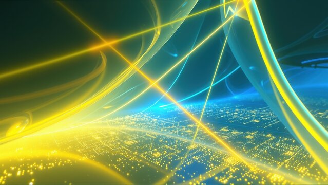 Abstract cityscape glows with vibrant energy. Bright lines connect distant points, creating futuristic impression. Dark background emphasizes luminosity.