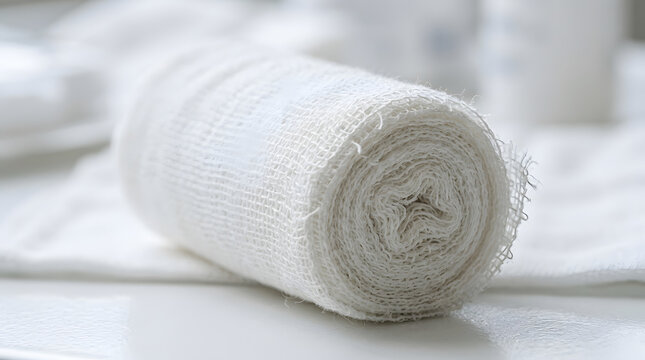Rolled white medical gauze bandage on a clean surface in a healthcare setting