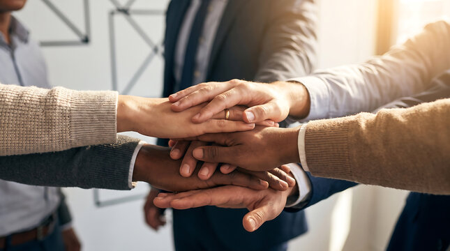 Diverse group of businesspeople stacking hands together in a show of unity and collaboration in a modern office setting