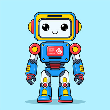 Cute robot cartoon character illustration for kids isolated on blue background