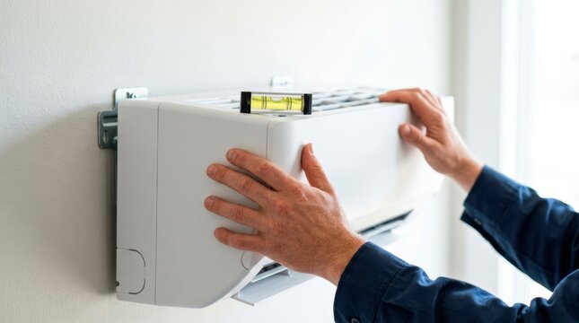Technician installing final air conditioning indoor unit on wall, completing split system setup.