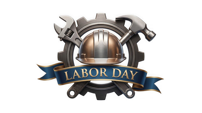 Labor day emblem with construction helmet and metal tools