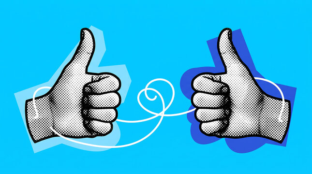 Two hands giving thumbs up gestures connected by a string illustration with halftone dots on a vibrant blue background