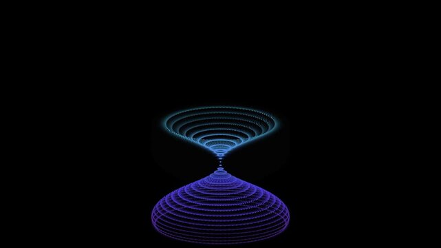 Glowing blue and purple particle hourglass morphing into a spindle shape on a black background