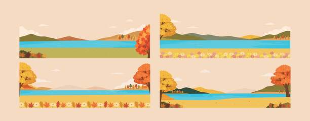 Fototapeta premium Autumn Landscape Vector Banner Set with Mountains and Lake