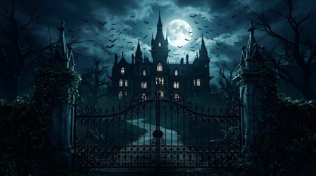 A dark gothic castle under a full moon creates a spooky halloween background featuring eerie silhouettes and mysterious fog for your festive october holiday season