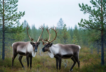 Naklejka premium Wild reindeer in natural habitat, arctic wildlife and boreal forest ecosystem, caribou in northern wilderness landscape