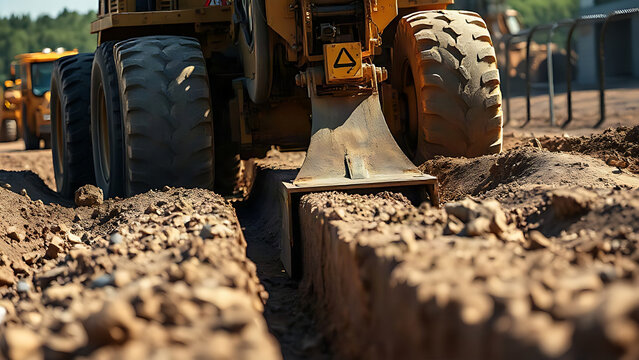 Large trenching machine creating precise earth trenches on construction site.