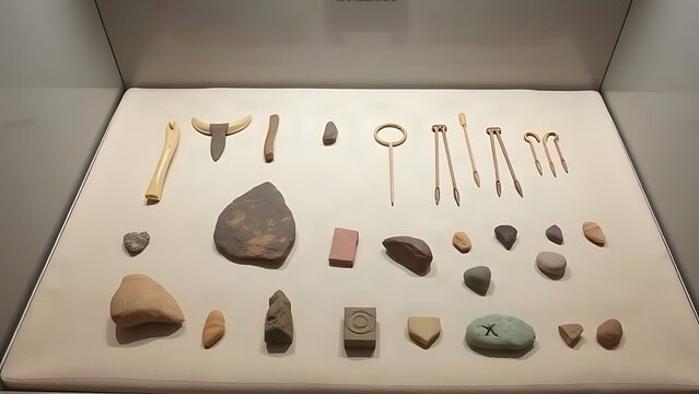 Ancient stone tools and bone needles displayed in a museum case.